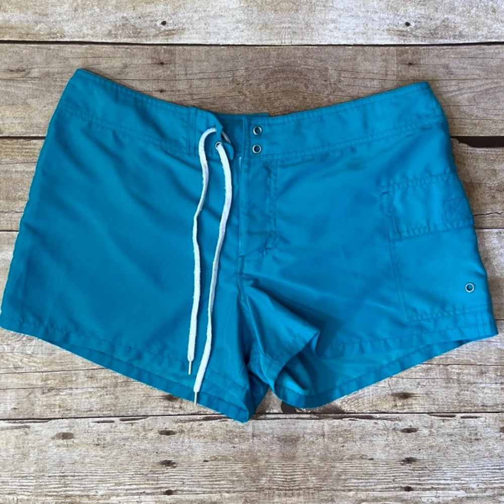Miken Womens Teal Blue Board Shorts Swim Trunks Side Pocket Size Large IJS107M23
